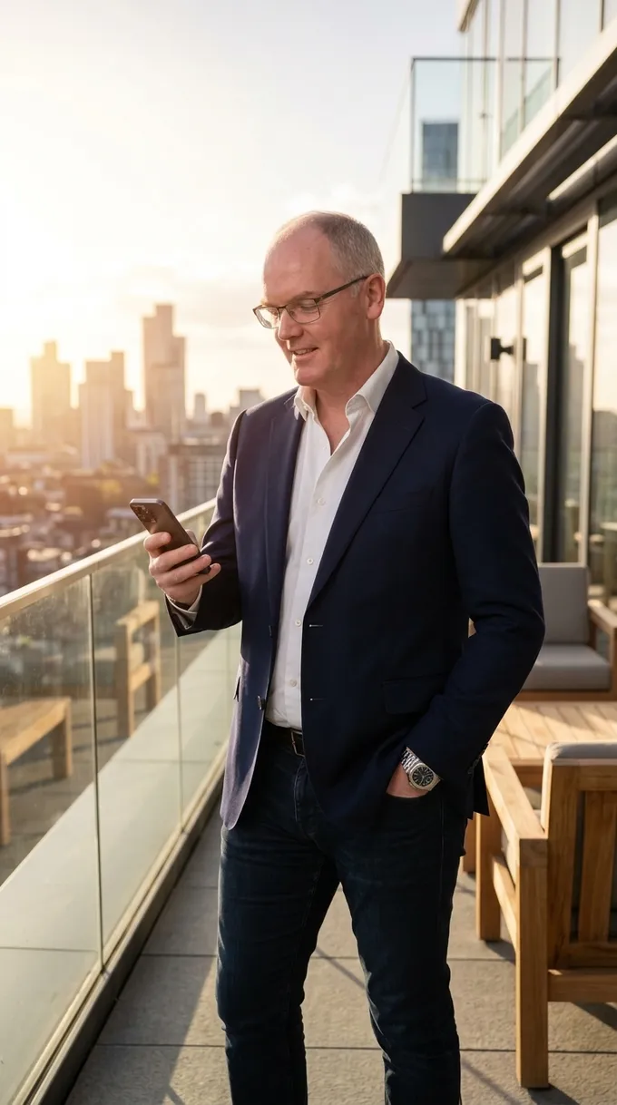 Carl Fox, founder of DenMarketing, on a London rooftop checking his phone